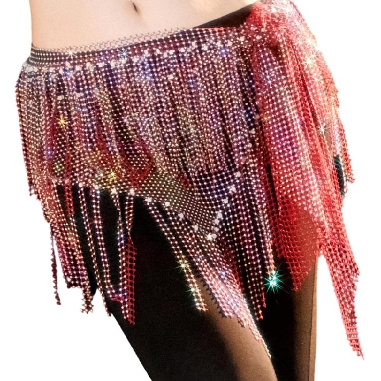 Belly Dance Hip Scarf Long Tassels Belly Dance Waist Chain with Rhinestones Decoration Belly Dance Belt Wrap Skirt
