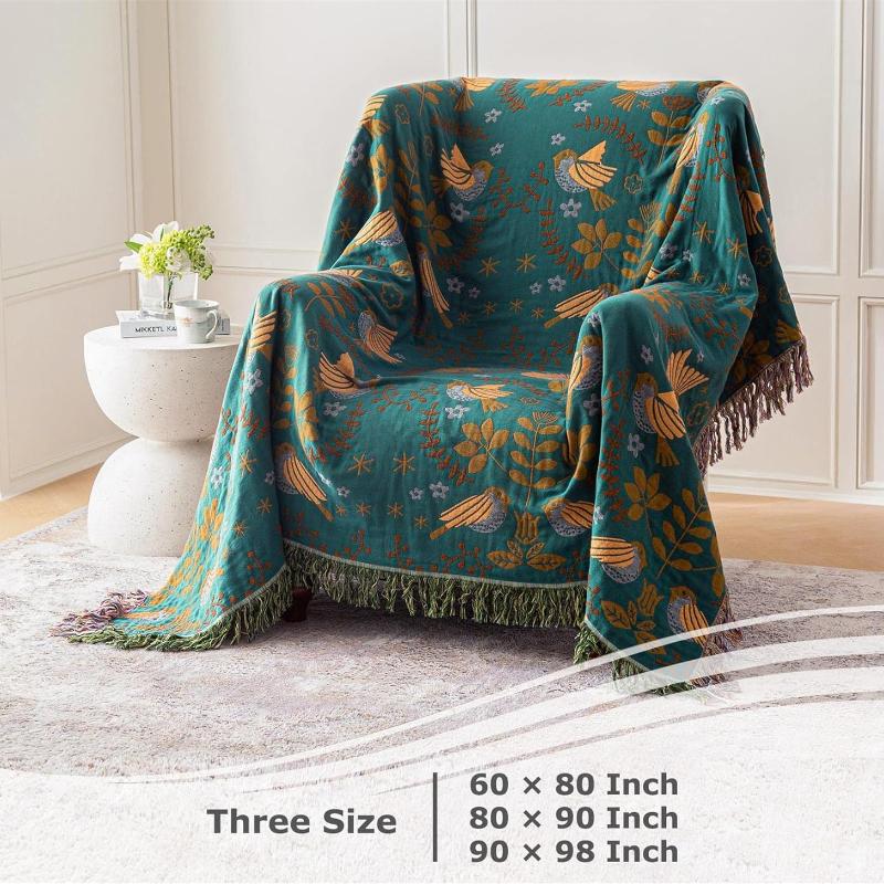 Manta bohemia para cama, 100 % algodón, ultra suave, con estampado floral de pájaros, manta grande para cama, manta rústica para todas las estaciones para sofá, sillón