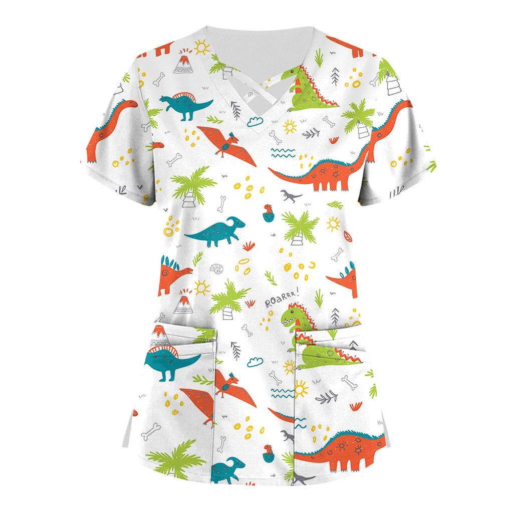 Plus Size Cute Printed Scrub Working Uniform Tops For Women Cross V-Neck Short Sleeve Fun T-Shirts Workwear Tee With Pockets
