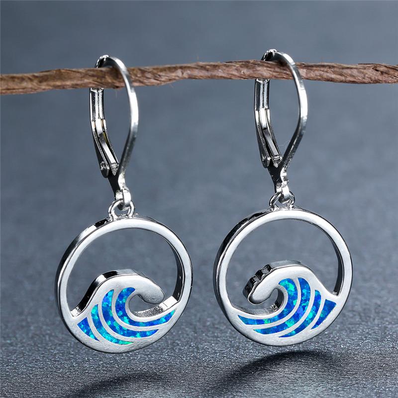 Yiran Ring 2 Women's Blue Fashion Beach Waves Long Dangle Earring For Charm Imitation Fire Opal Earrings For Wedding Band Jewelry Gifts