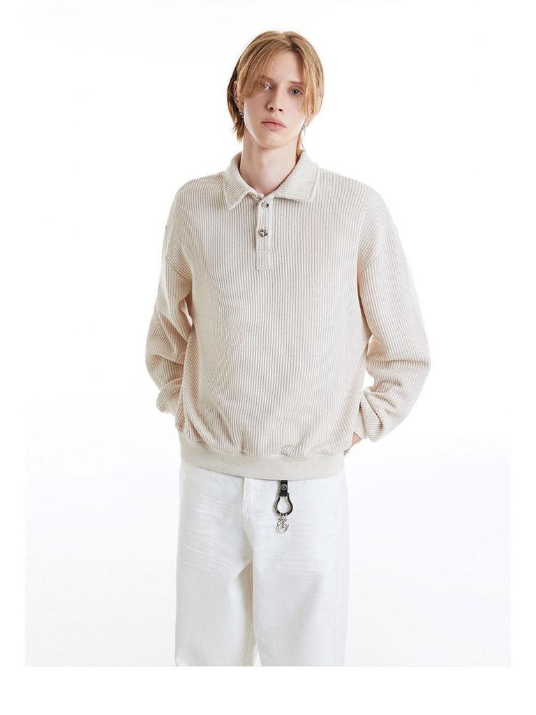 MADEEXTREME 380g Textured Vintage Preserved Flower Button Knit Long Sleeve Polo with Turn-Down Collar