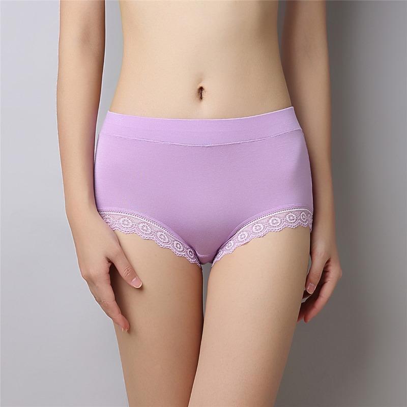 Large Size Underwear with Lace Edges Solid Color Modal Medium High Waist Briefs Abdominal Compression Hip Lifting for Women Panties