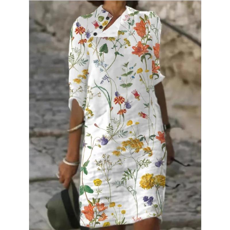 YYFS Women's Fashion Summer Spring Solid Color Print 1/2 Sleeves Stand-Neck Loose Waistline Casual Dresses