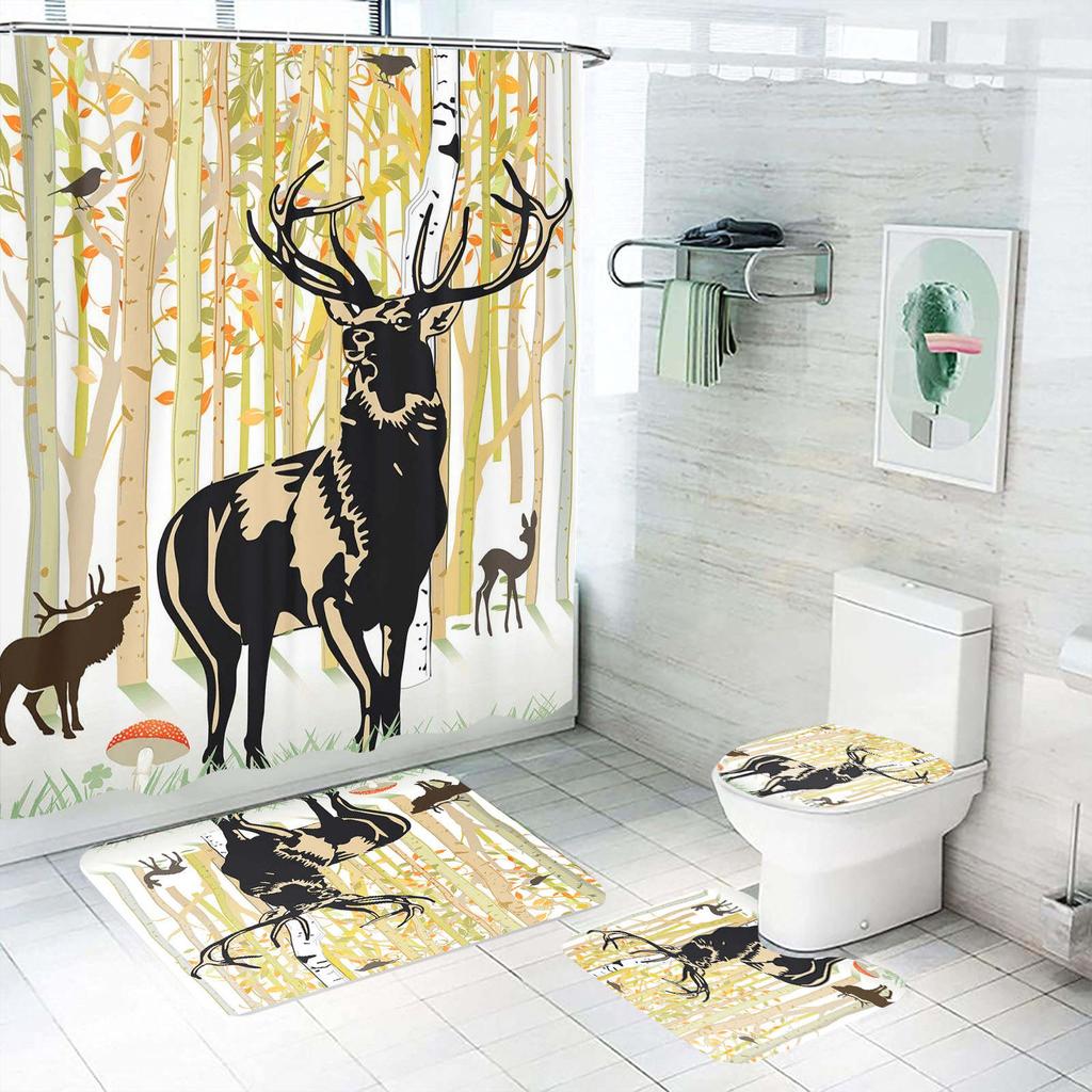 Cartoon Deer Animal Giraffe Shower Curtain Bath 4 Pcs Set Cute Luxury Accessories Sets Full Mats Gifts for Boys Girls