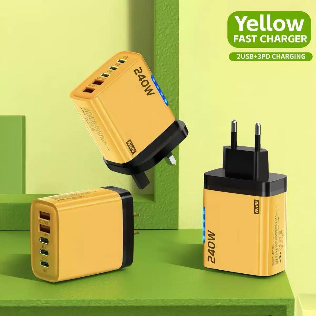 240W Multi-Port Charger with Lights, 3 USB-C PD + 2 USB, US/EU Plug, Compatible with Apple & Huawei Devices