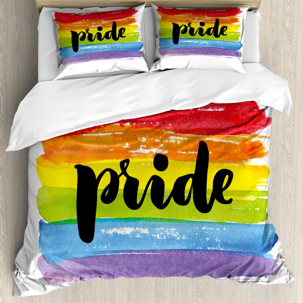 Conjunto de Capa de Edredom Pride Poliéster Pessoas Celebrando o Dia Internacional da Comunidade LGBT com Design Listrado Colorido Conjunto de Cama