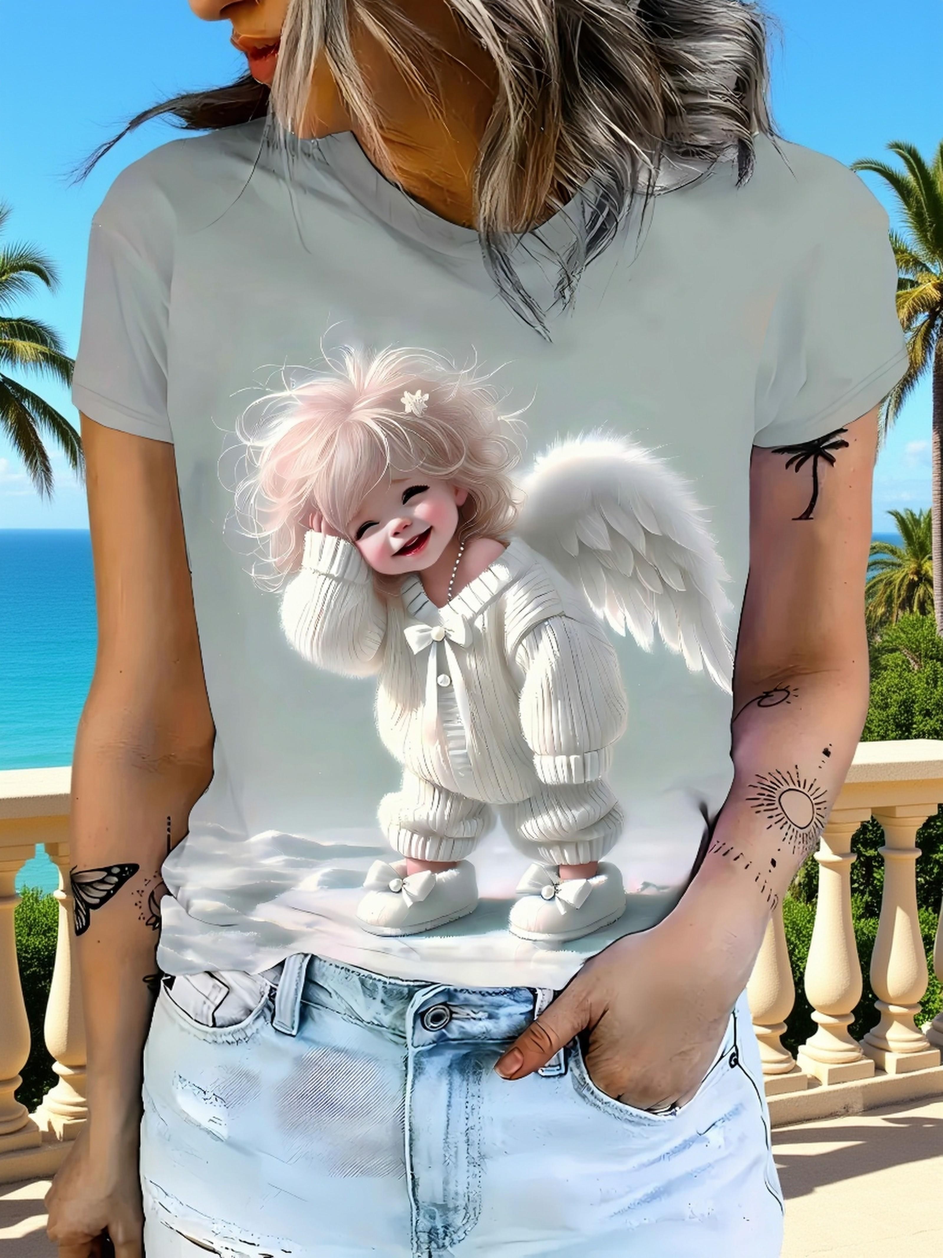 

New Cute Angel Print Short-Sleeve T-Shirt for Women. Featuring a Loose Fit And a Sweet Round Neckline S дубильная кора