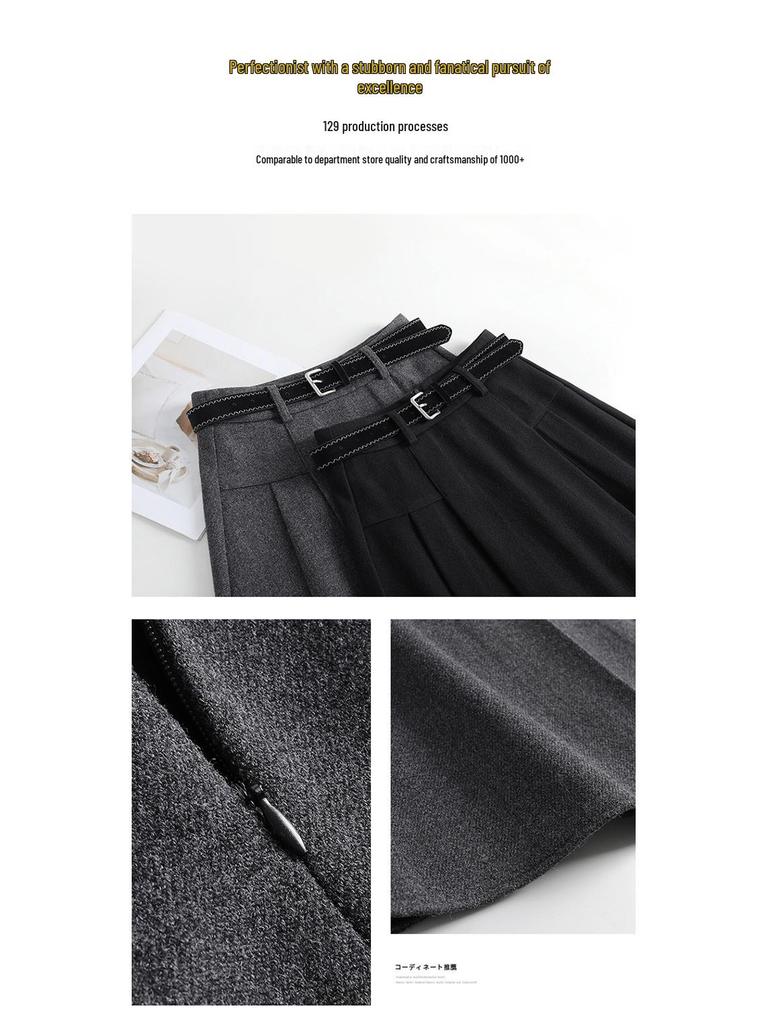 2025 Winter High-Waisted Wool A-line Skirt - Drapey, Slimming, Mid-length, Pleated, Wide-hem Design.