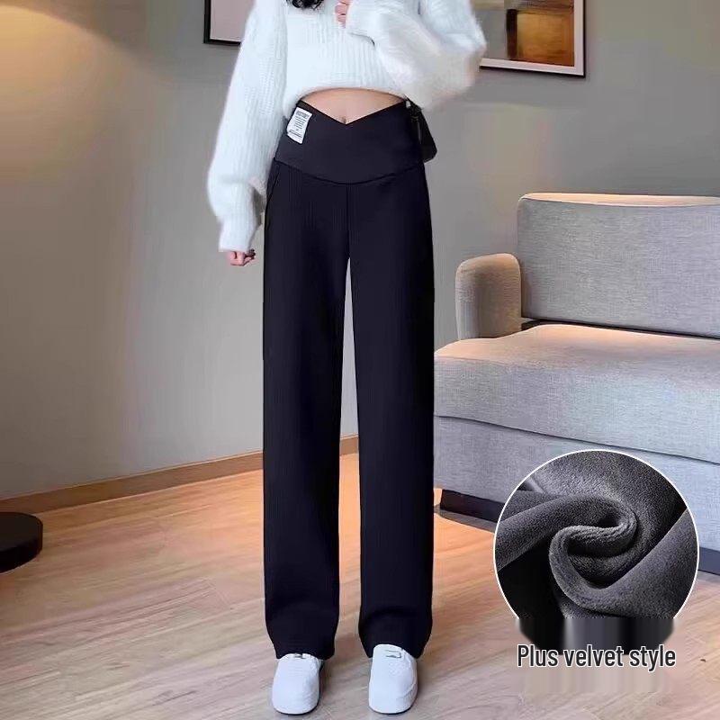 2025 Plus Velvet Maternity Wide-Leg Pants - Spring/Autumn, Belly-Friendly, Straight Leg, Casual Long Winter Style