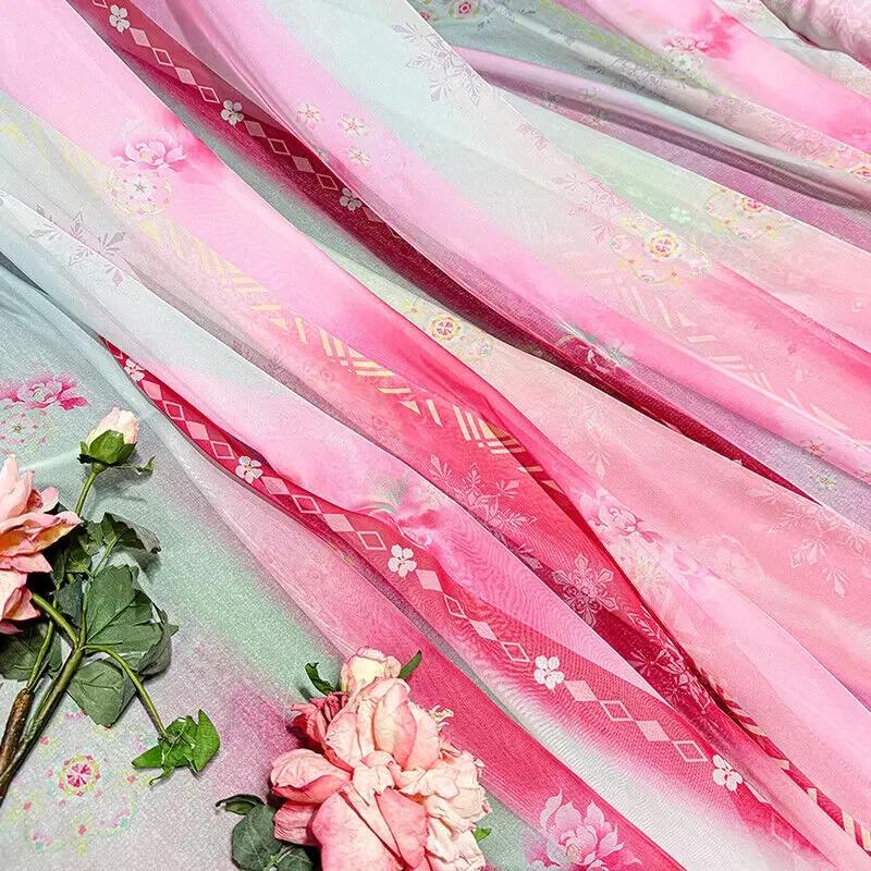 Gradient Color Chiffon Fabric Diy Rainbow Christmas Flowers Print for Hanfu Dress Skirt Shirt Sewing Cloth Sold By The Meter
