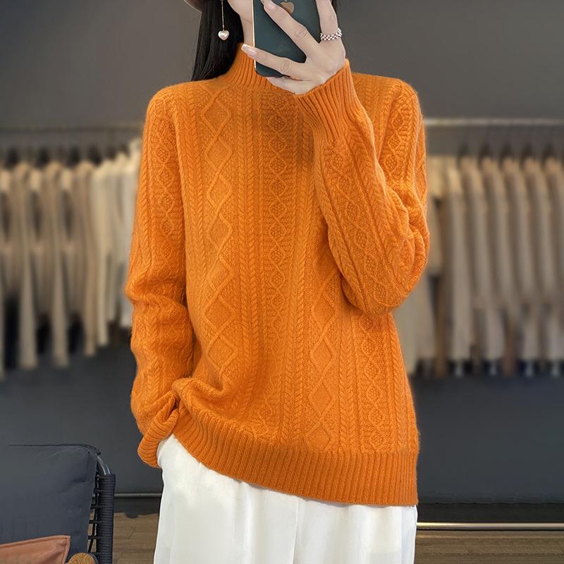 Женская одежда Осень и Зима Новая однотонная полуводолазка Ромбовидный витой вязаный свитер с длинным рукавом XXL оранжевый 7930₽