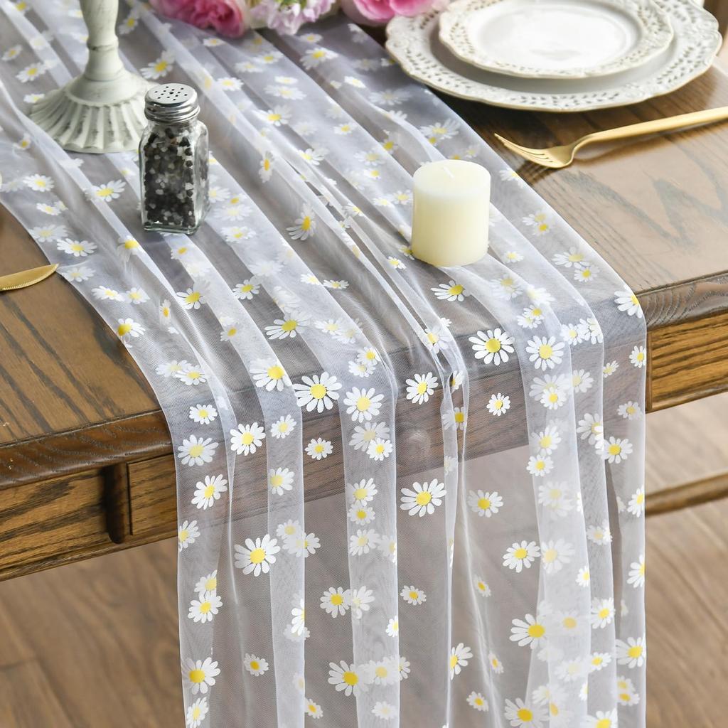 Grüner Gänseblümchen Netz-Gaze Tischläufer, Frischer Stil Durchsichtiger Chiffon-Netz-Blumen Tischdekoration Für Weihnachten Hochzeit Party