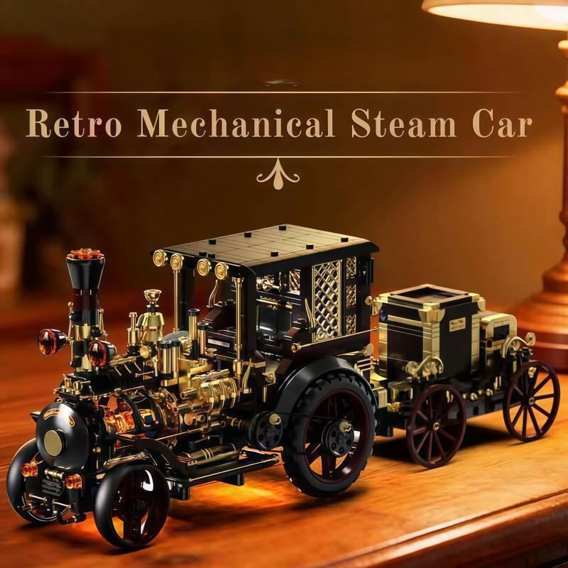 Vintage Steam Engine Car Building Kit, Mechanical Linkage Bricks Model, Collectible Display Ornament for Men, DIY Assembly Toy