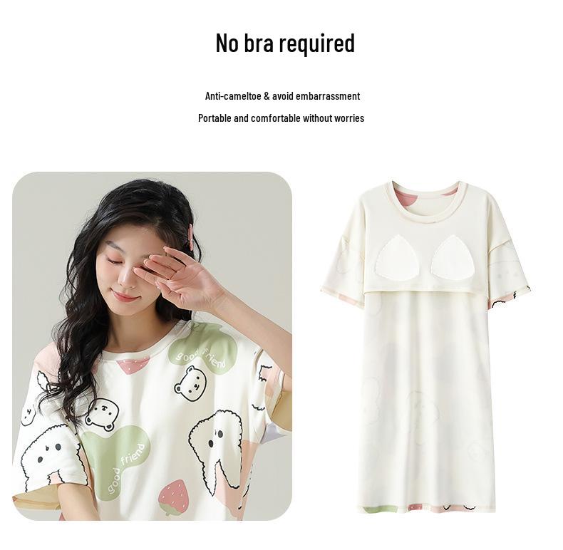 Women's Cartoon Cotton Nightgown with Bra Pads - Short Sleeve, 2024 Summer Style Pajamas