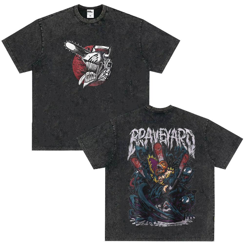 Japanese Anime Chainsaw Man Kobeni Metal Denji Tshirt Vintage Washed Manga Graphic T Shirts Unisex Couples Short Sleeve T Shirt