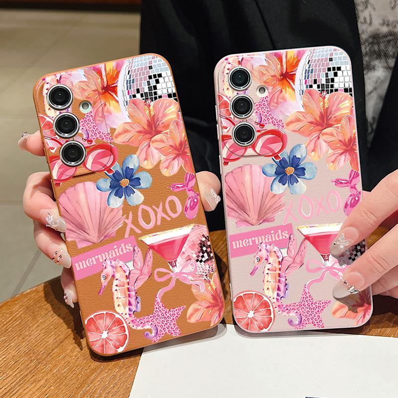 Pink Cartoon Pattern Floral Case For Samsung Galaxy A57 A37 A17 A56 A36 A26 A16 A55 A35 A15 A54 A34 A14 5G Leather Texture Silicone Cover