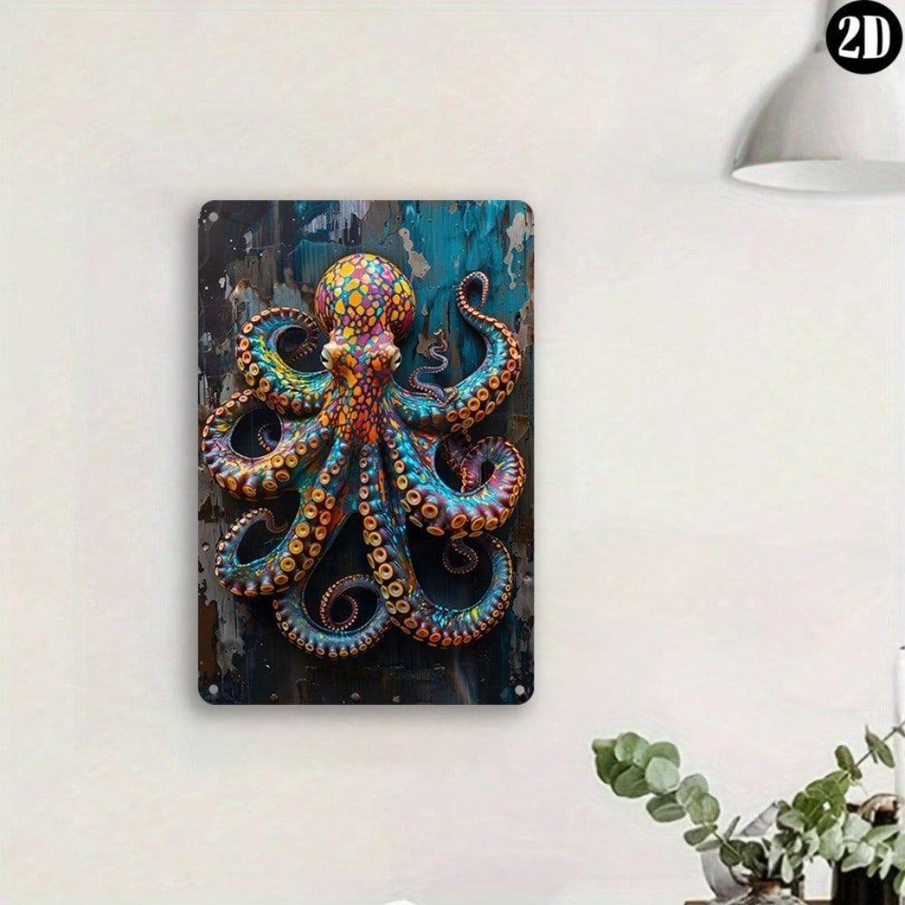 Affiche Métallique Pieuvre Art Mural, Plaque Étain Imperméable pour Décoration Extérieure de Jardin