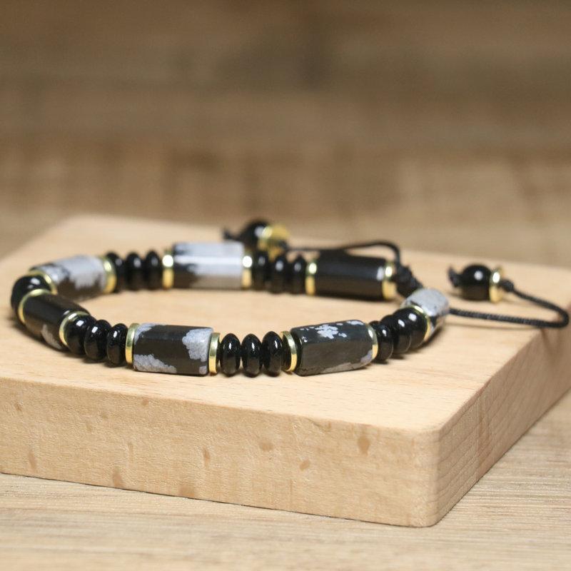 Snowflake Obsidian Tube Bracelet – Gold Accent Adjustable Boho Jewelry, Grounding Protection Gift for Men & Women