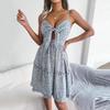 V-Neck Bowknot Decor Hollow Out Loose Hem Summer Dress Women Floral Leaves Print Sling Dress Streetwear