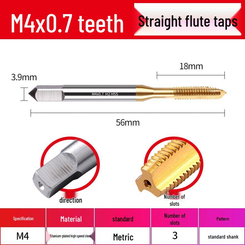 

M4*0.7 Titanium Plated Straight Flute Tap Bit