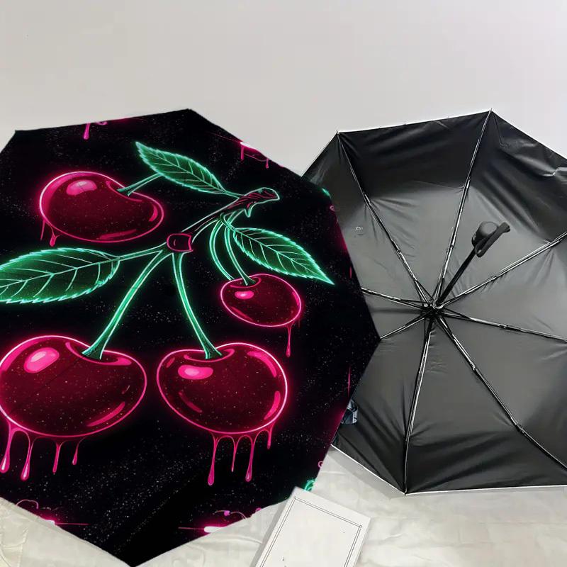 1pc Cherries Neon Automatic Open/Close Umbrella Compact Folding Umbrella with 8-Rib Shaft for Women/Men, Elegant Birthday1180S