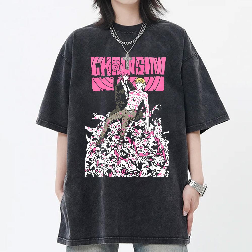 Anime Chainsaw Man Tshirt Denji Makima Print T Shirt Men Women Clothing Short Sleeve Cotton Tee Vintage Washed Oversized Tshirt