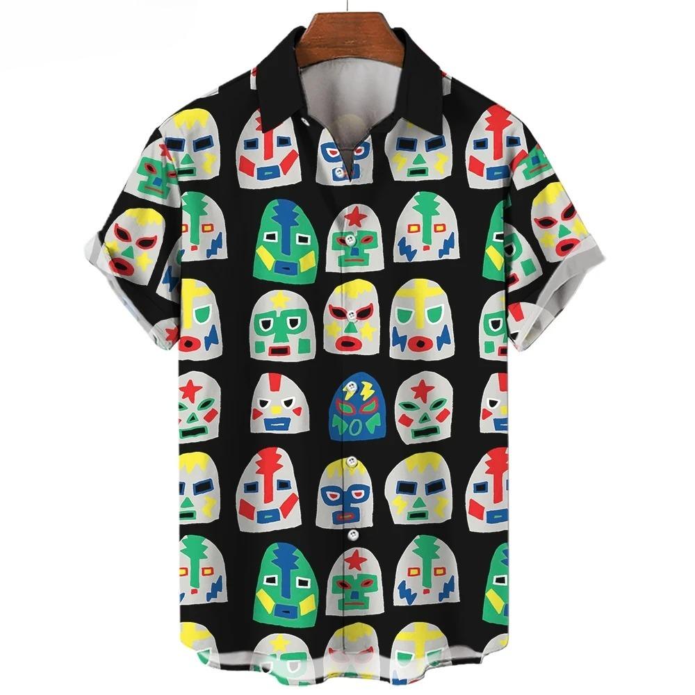 Camisa de Hombre con Estampado de Máscara 3D Verano Lucha Libre Camisa de Manga Corta Casual Camisa Hawaiana para Hombre Ropa Holgada Lucha Libre Mexicana