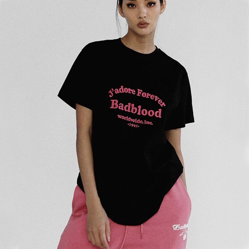 Badblood Women's Casual T-shirt Summer New Arrival Loose Black American Sexy High Street Embroidered Crew Neck Tops