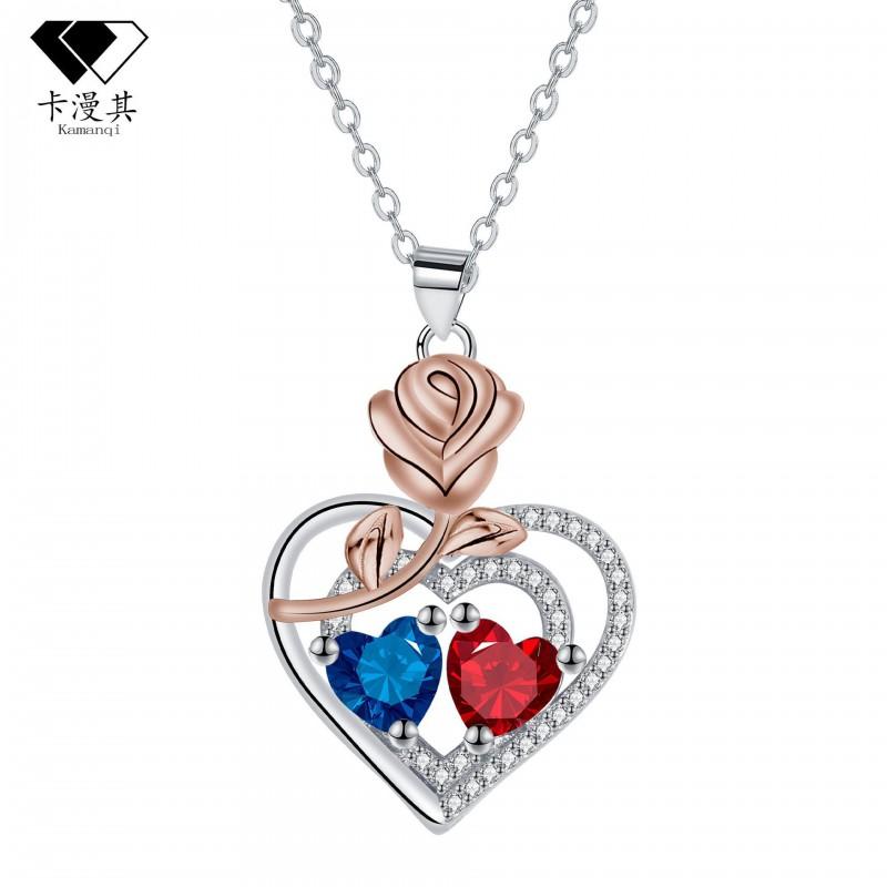 Rose Gold Heart Double Love Pendant Necklace Women Copper Cross Chain Choker With Rhinestone Accents Fashionable Minimalist Rose Gold