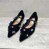 Fashion Mary Jane Shoes Women's Shallow Mouth 2025 New Summer Fashion Rhinestone Bow Pointed Flat-bottomed Shoes Zapatos De Mujer