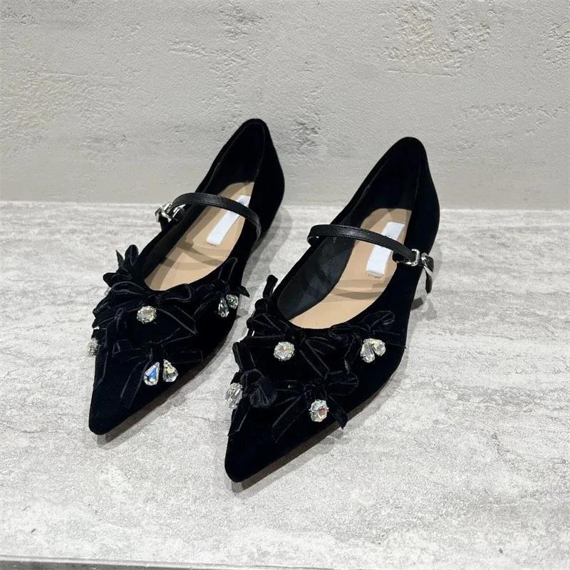 Fashion Mary Jane Shoes Women's Shallow Mouth 2025 New Summer Fashion Rhinestone Bow Pointed Flat-bottomed Shoes Zapatos De Mujer
