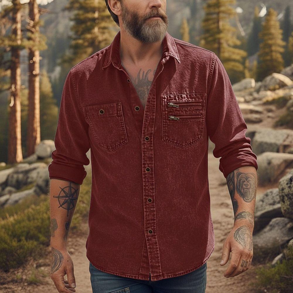 Men's Casual Workwear Denim Shirt Solid Color Washed Button Up Long Sleeve Shirt with Dual Chest Pockets