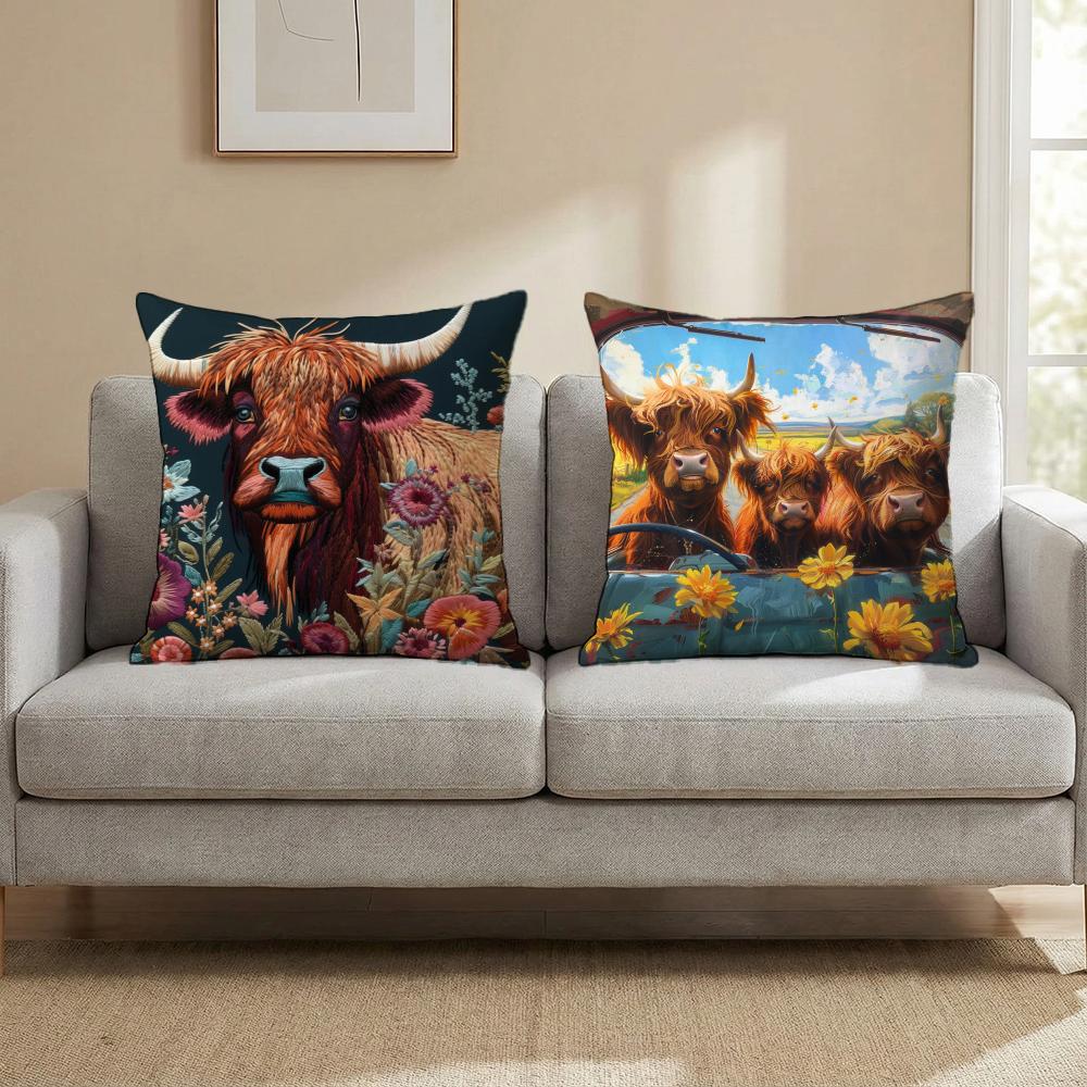 Lebendiges Hochlandrinder-Muster Kissenbezug Mehrzweck-Kissenbezug für Zuhause & Auto - Wendbar, Weich & Langlebig für den täglichen Gebrauch