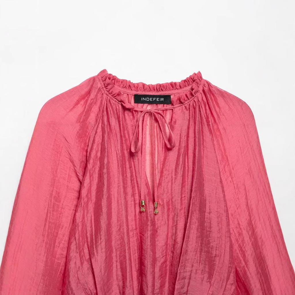 ZA Women's 2025 Spring European & American Style Crinkle Ruffle Stand Collar Short Top and Midi Skirt Set