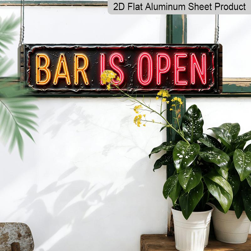 2D Flat Aluminium Decorative Sign- A Retro-Style Neon Sign in 2D Flat Design, Showcasing Illuminated 'Bar Is Open' Text, Perfect for Bars