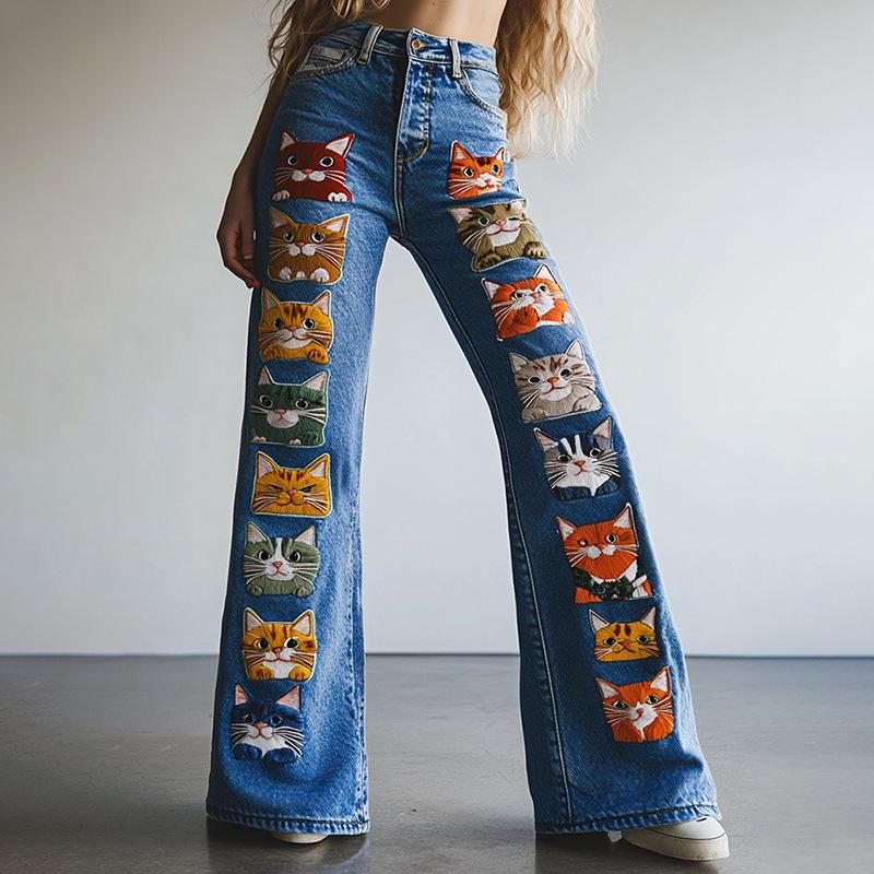 2026 Spring/Summer New 3D Digital Print Women s Fashion Slimming Denim Flare Pants S