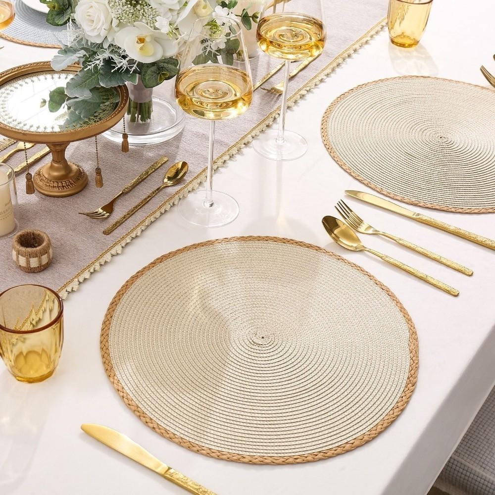6pcs/set 15in Round Woven Placemats Bohemia Woven Dish Mats Boho Braided Table Mats  Coffee Cups