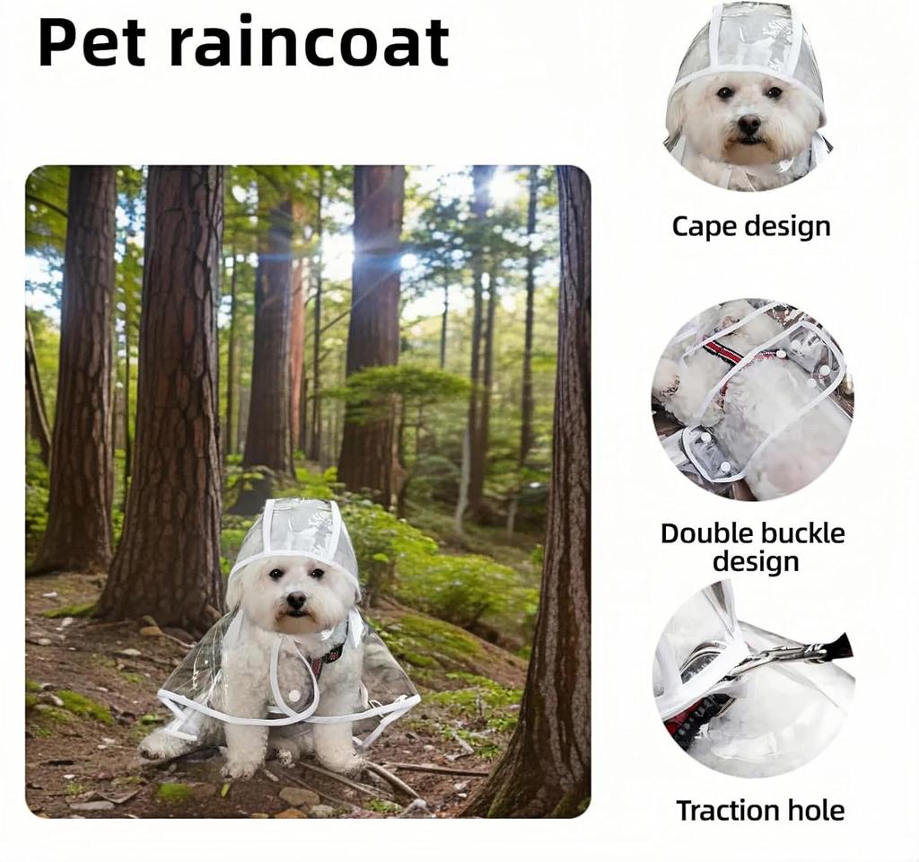 Clear Dog Rain Poncho for Small/Medium Dogs Heavy Waterproof Hidden Leash Hole Adjustable Snaps Anti-adhesive Hair Design Double