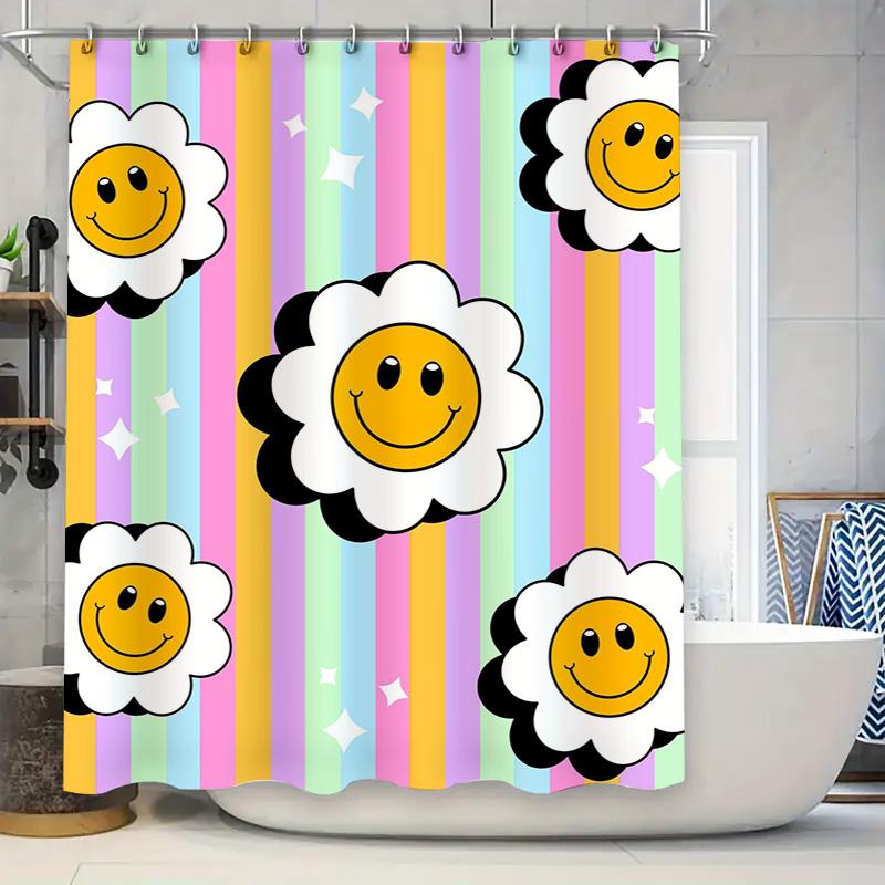 

Colorful Shower Curtain Cheerful Smile Face Flower Design For Bath Decor! W60H190(CM)-1 Pcs