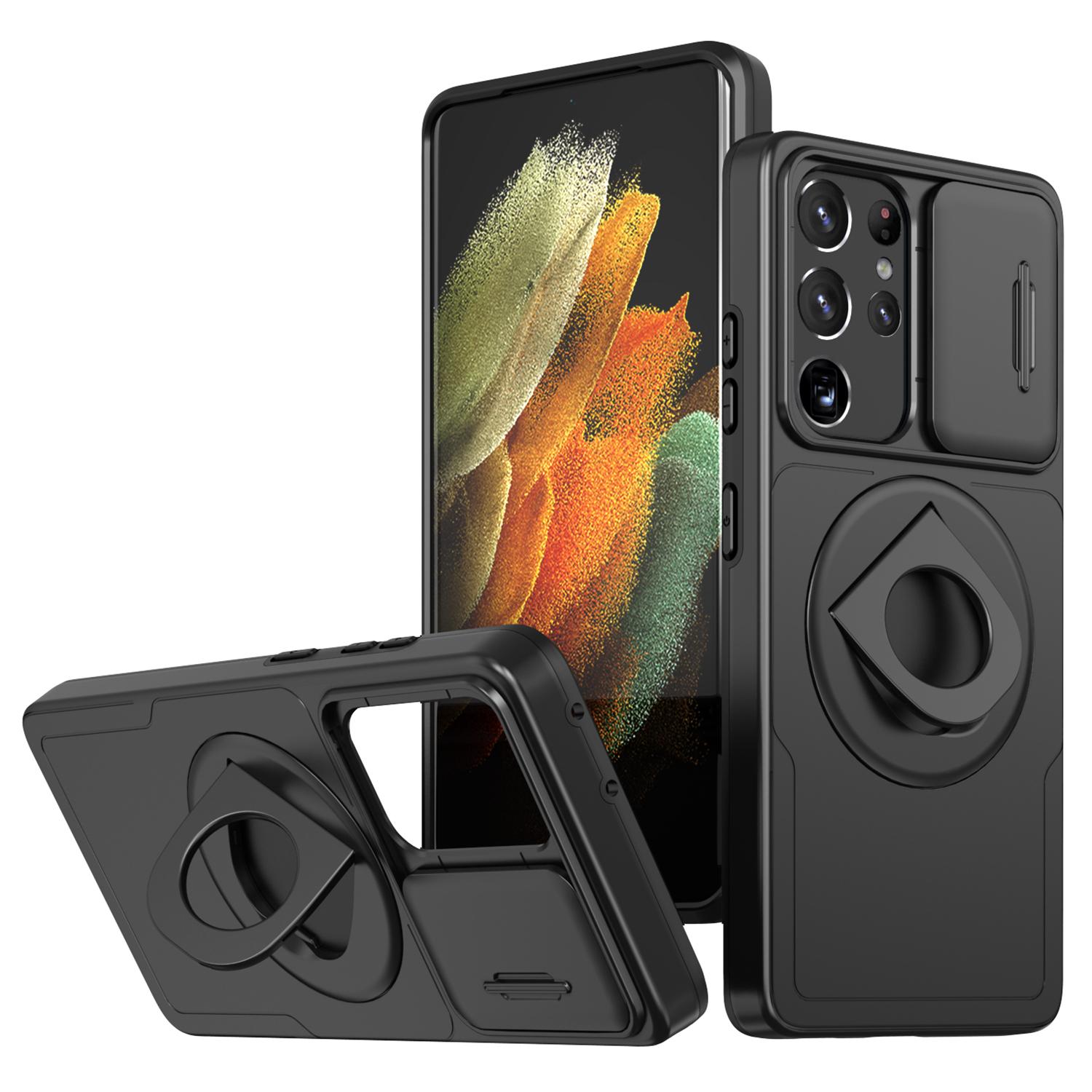 

For Samsung Galaxy S21 Ultra 5G Case Magnetic Slim-Fit PC+TPU Phone Shell with Slide Lens Cover Black