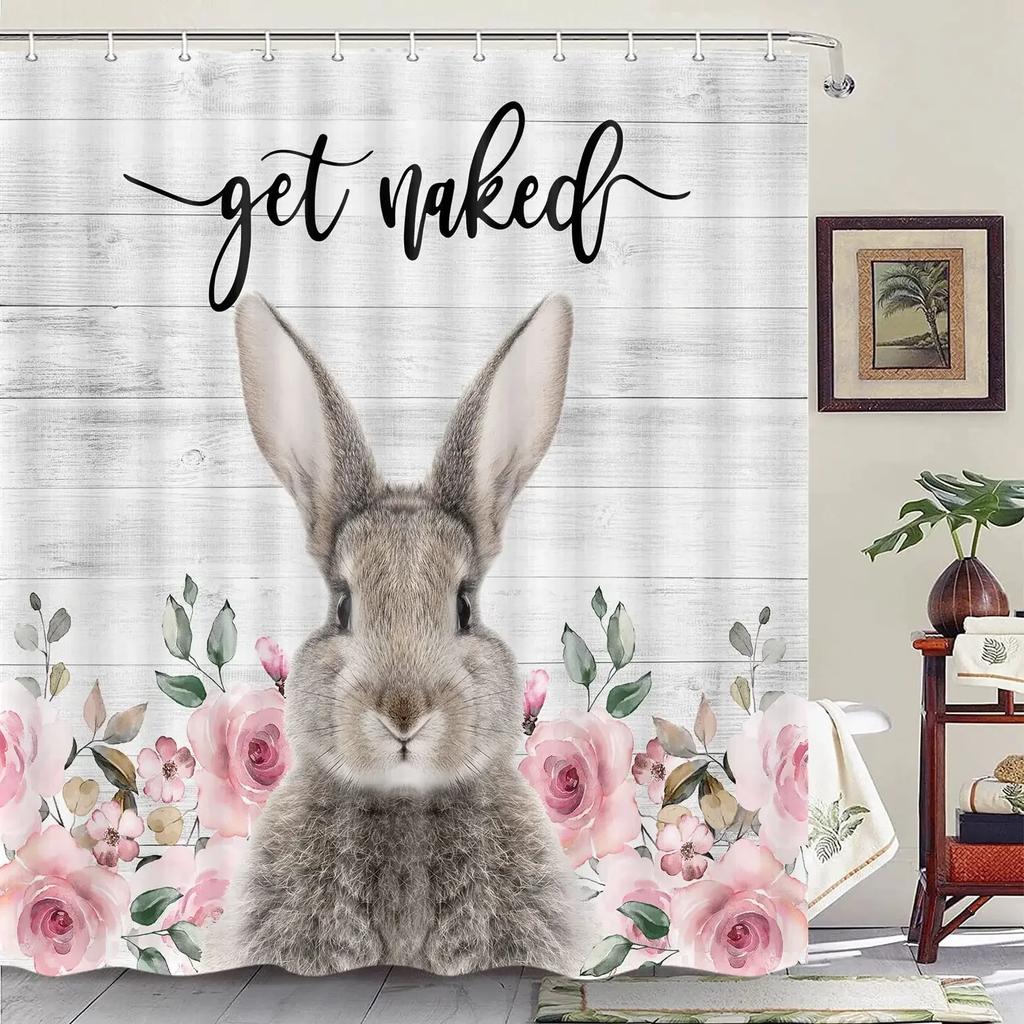 Happy Easter Bunny Shower Curtain Funny Rabbits Pink and Blue Eggs Bath Curtain Polyester Fabric Waterproof Bathroom Curtain Set
