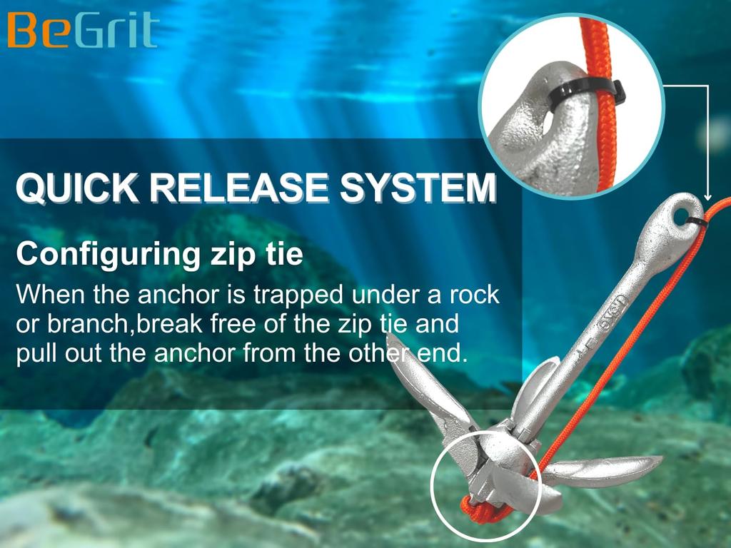 BeGrit Kayak Çapa Seti Tekne Katlanabilir 10m Çapa Çekme İpi 1.5KG Çapa, Çapa, 6mm,