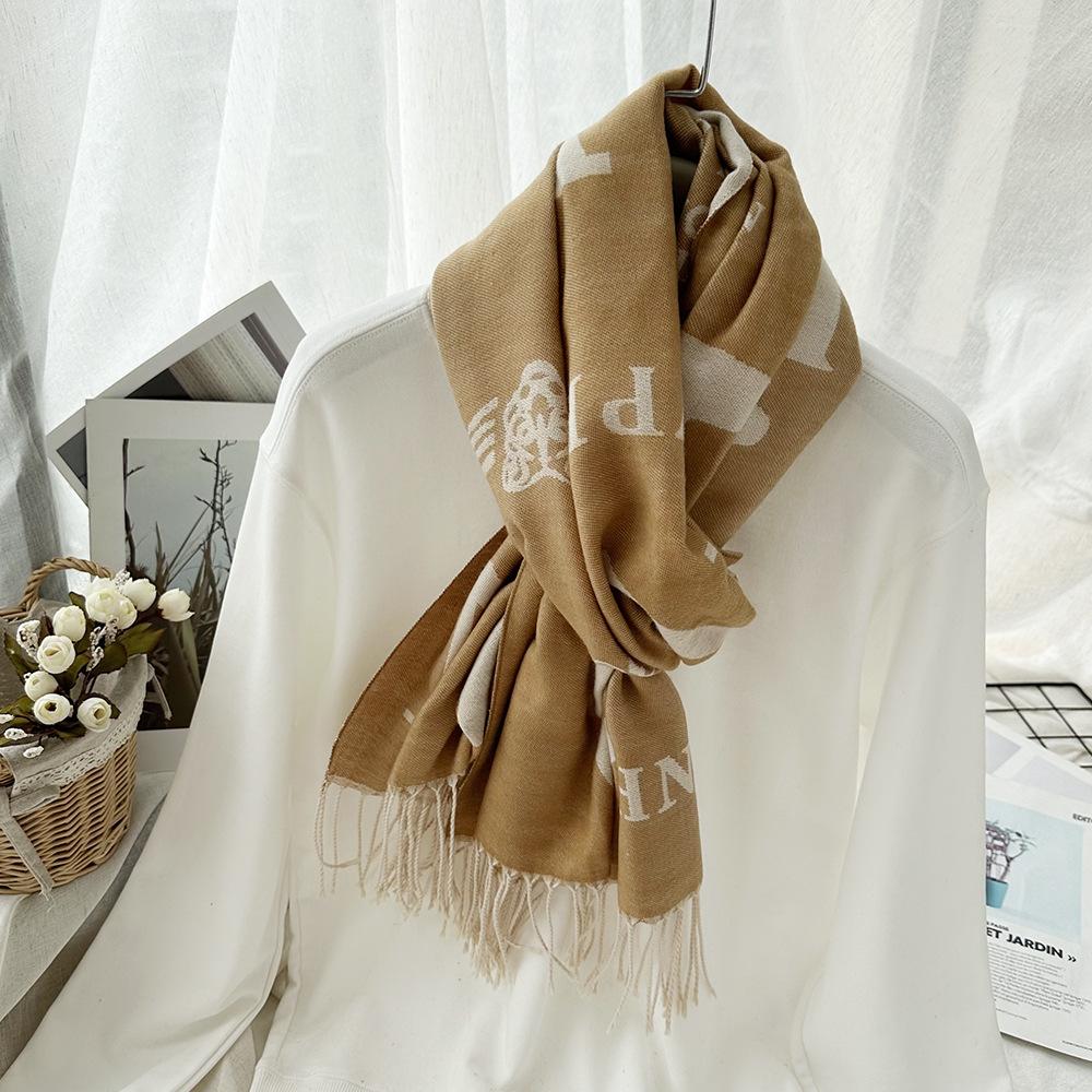 Autumn and Winter Wool Scarf Women's New Imitation Cashmere Letter V Warm Scarf Korean Style Versatile Long Tassel Shawl