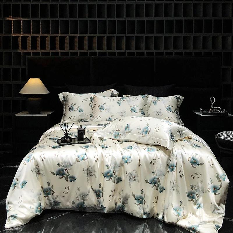 Luxury High-end Silk Bedding Set Silky Satin Quilt Cover Set Printed Queen King Duvet Cover Soft Gift for Your Lover Friends