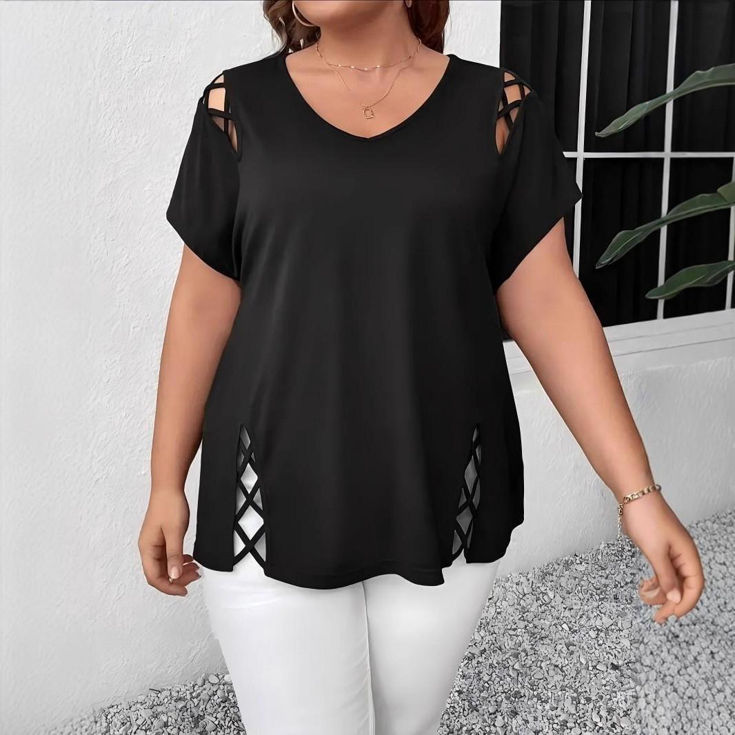 

Plus Size Short Sleeve T-Shirts Women s Summer Loose Hollow Out Tops Casual Solid Color V-neck Plus Size Top Daily Basic Tee XXXXXL чёрный