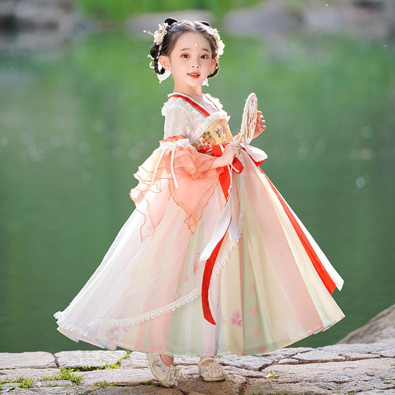

Древний костюм ханьфу для девочек, детское платье для маленьких девочек в китайском стиле, платье Тан, юбка принцессы, национальный костюм, детский XXL оранжевый