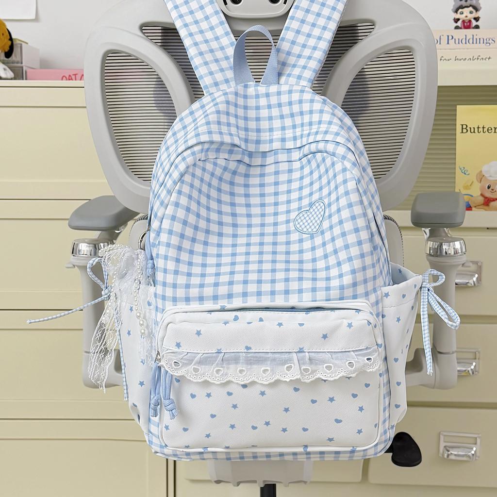 Schoolbag Korean Version of Sweet Lace Girl Style Casual Plaid Backpack In the College Student Trend High Value Large Capacity Schoolbag