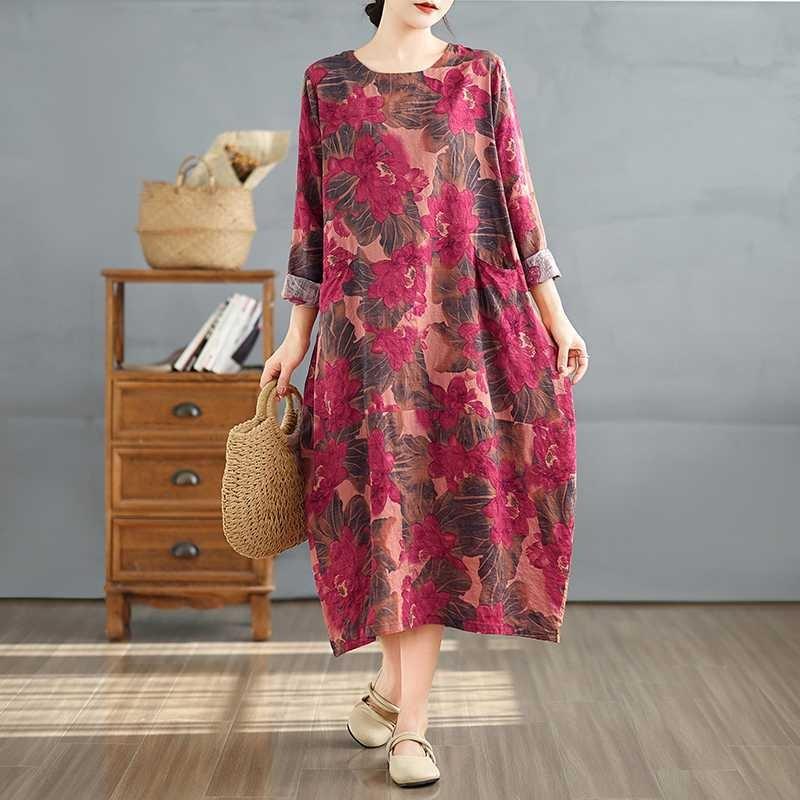 Round Neck Long Sleeve Loose Plus Size Long Dresses