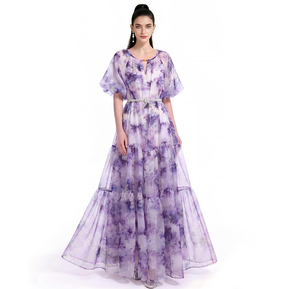 Summer Holiday Vacation Flower Print Long Maxi Dress Bohemian O-neck Short Sleeve High Waisted Chiffon Party Dresses Casual Robe