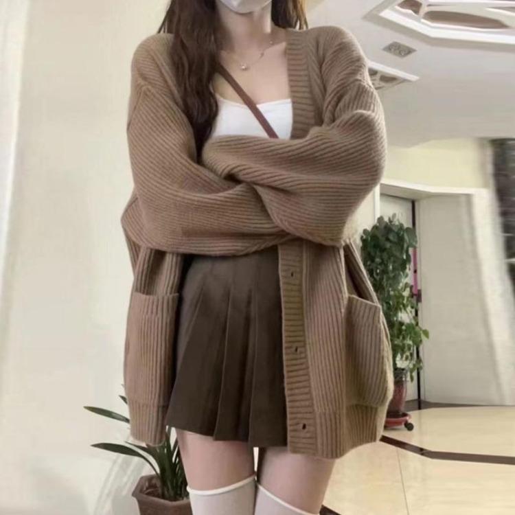 

Women s Mid-length Loose V-neck Knitted Cardigan Sweater Jacket One size кавовий